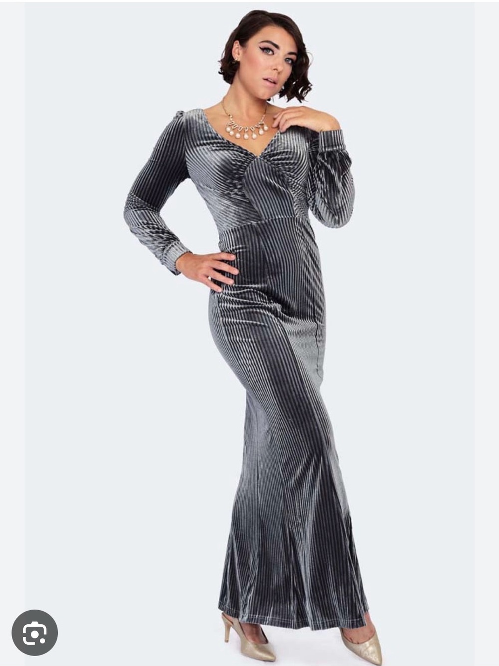 Long Sleeve Velvet Wrap Formal Dress - Silver Gray
